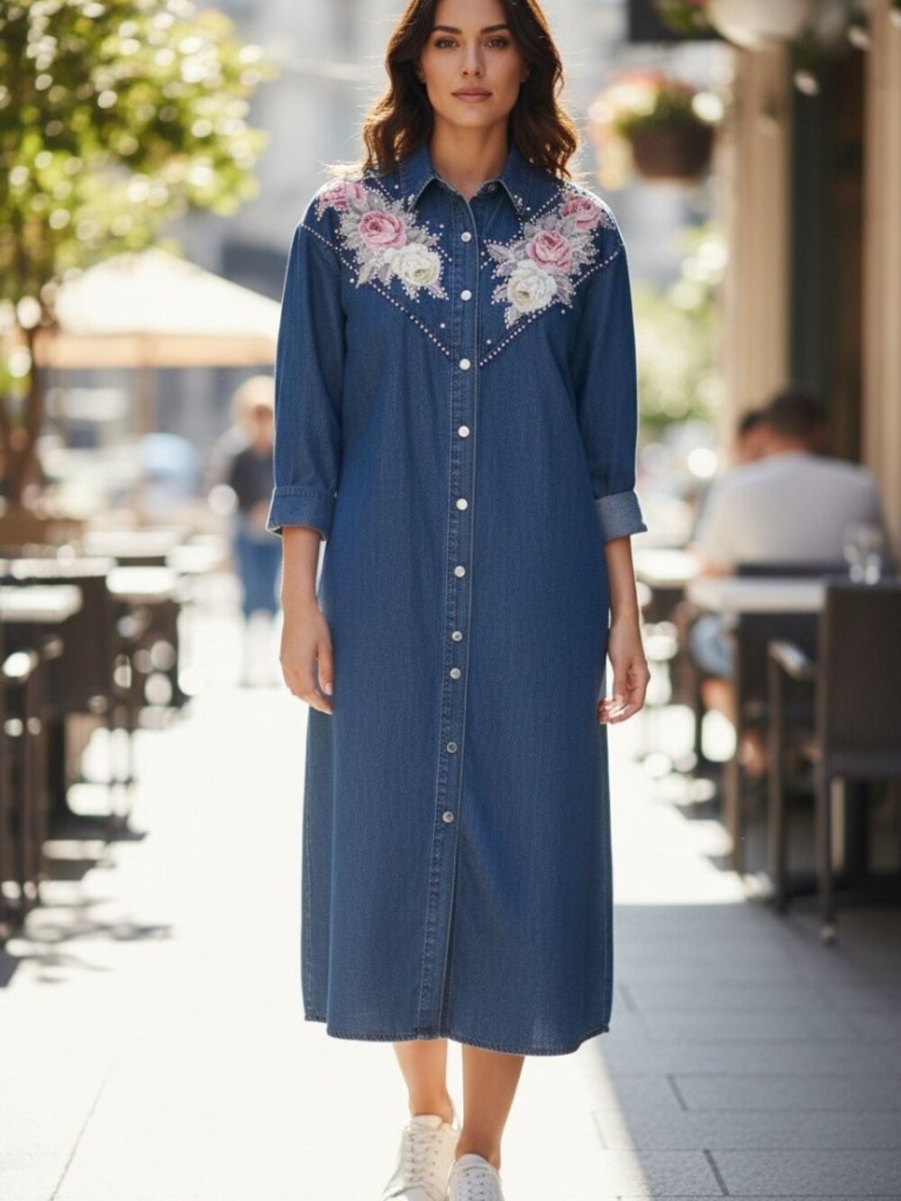 Vintage Pret Blue Denim Embellished Shirt Dress Womens XL Medium Wash